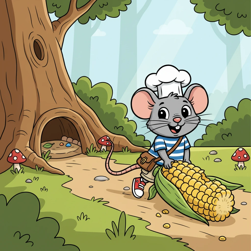 Ramesh spotted his first treasure: a half-eaten corn on the cob! He dragged it back to his secret den, a grin spreading across his face. It was a feast fit for a king.