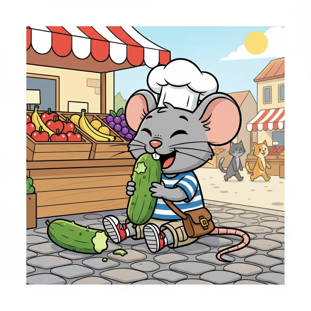Next, he discovered a juicy cucumber, discarded near a fruit stand. He munched happily, savoring the cool, refreshing taste. Life was good for Ramesh.