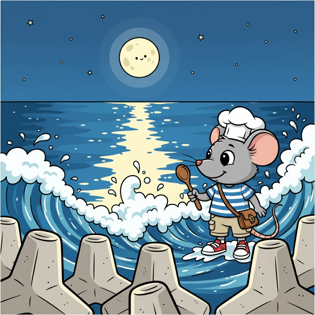 He reached the sea, the waves crashing against the star-shaped wave breakers. The moon painted a shimmering path across the ocean. Ramesh paused to admire the view.