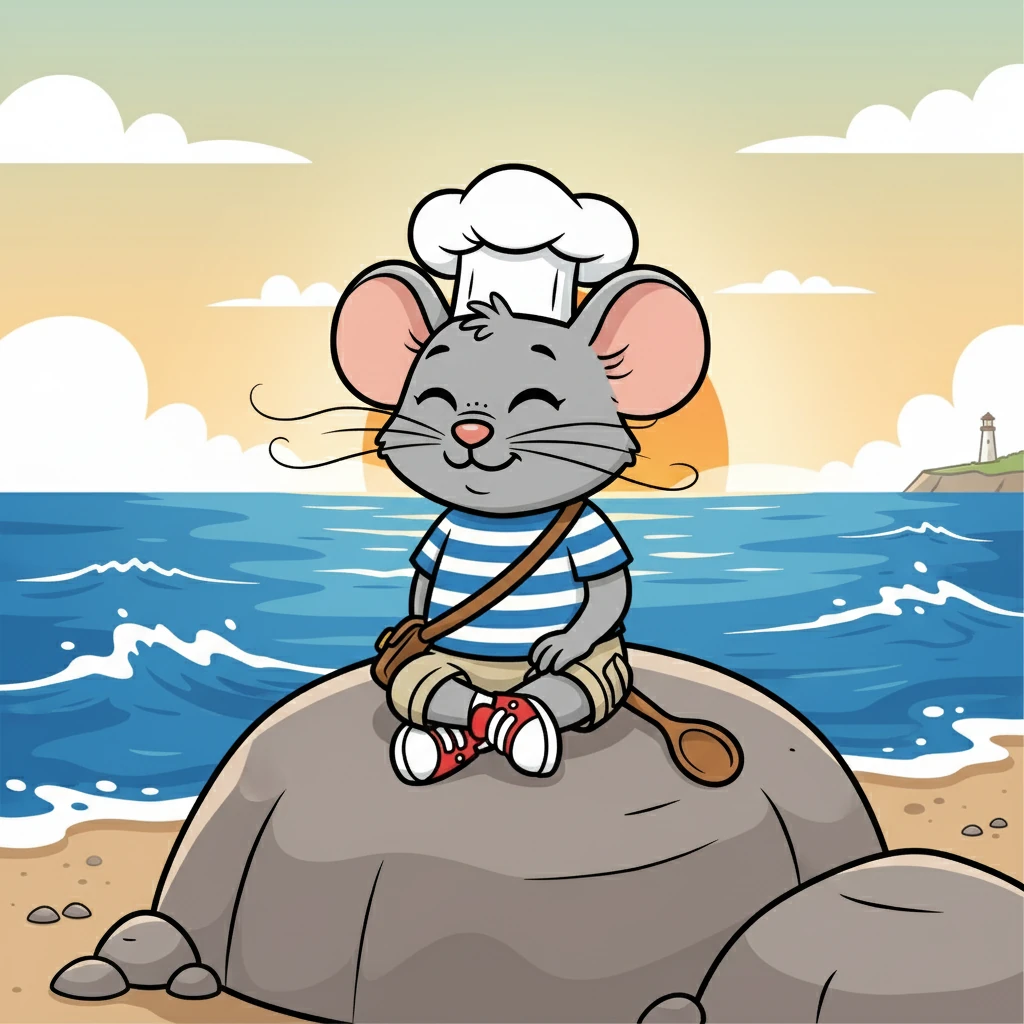 He found a cozy rock to sit on, overlooking the sea. The gentle sea breeze rustled his whiskers. He felt a deep sense of peace and contentment.