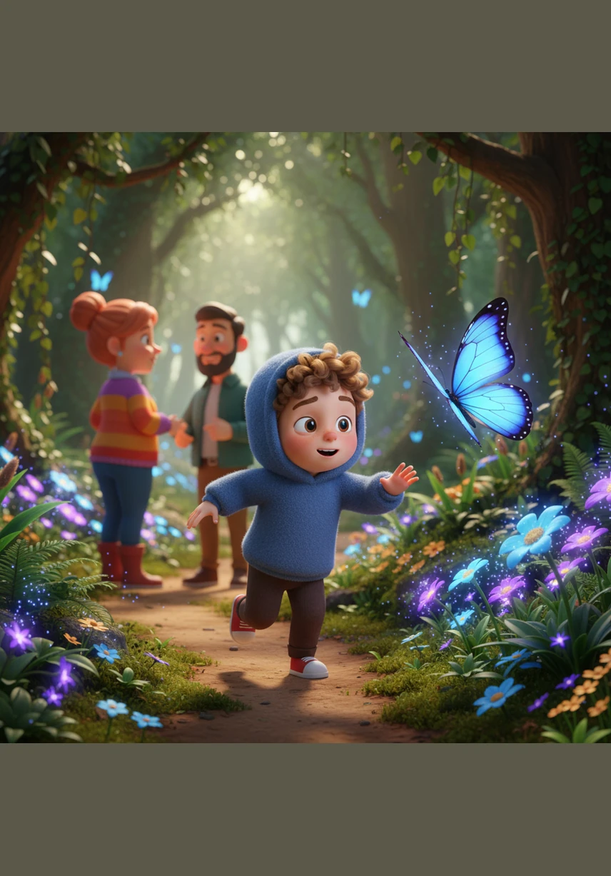 As his mother turned to speak with a neighbor, a shimmering blue butterfly fluttered past Oliver’s nose. It seemed to beckon him toward a patch of glowing wild flowers just a few steps away. Forgetting his promise, Oliver skipped off the dirt path and followed the brilliant wings into the thicket.