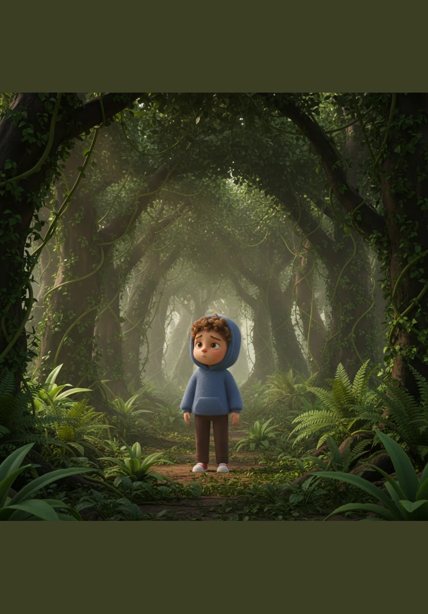 Suddenly, the butterfly vanished into the high canopy, leaving Oliver standing alone in a quiet clearing. He turned around to head back, but the path was nowhere to be seen. Every direction looked exactly the same, filled with towering trunks and tangled vines.