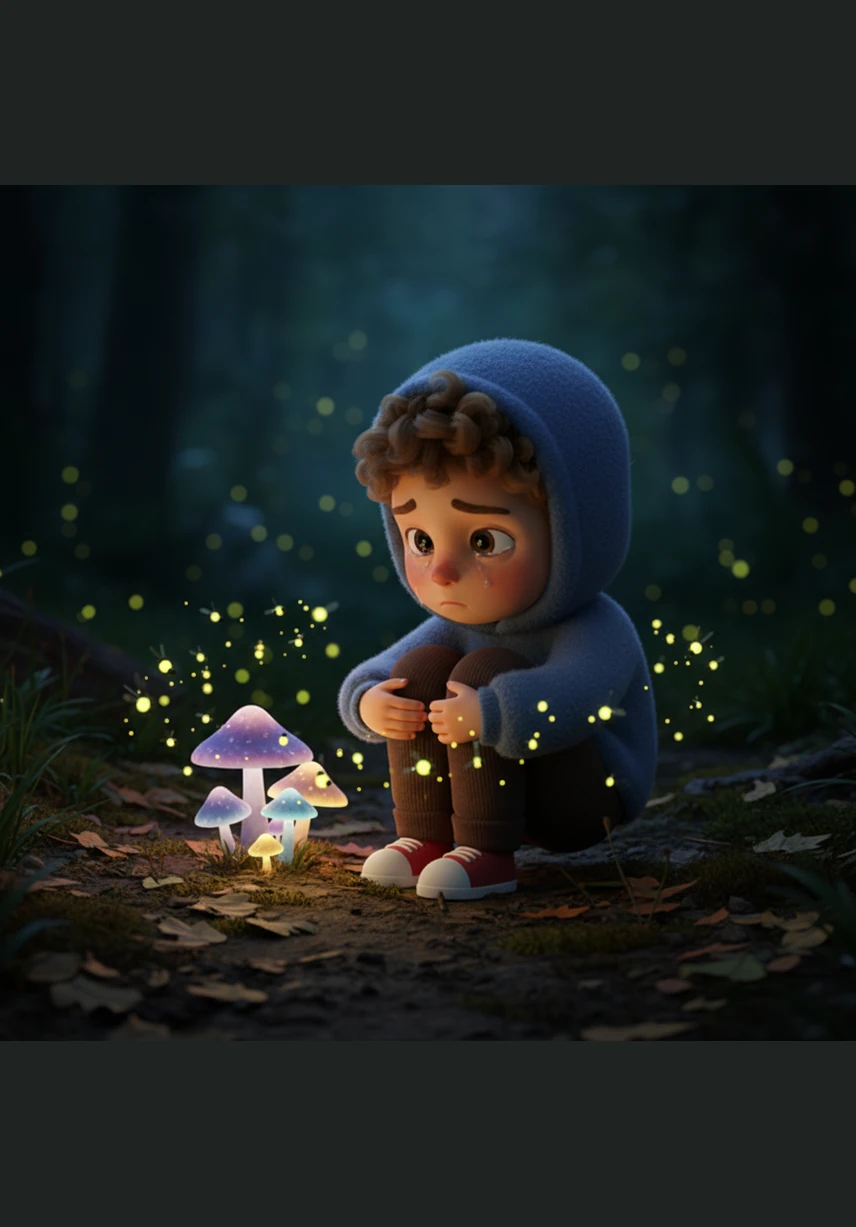 In the velvety darkness, a soft glow appeared near a cluster of mushrooms. A group of tiny fireflies began to dance around him, their gentle light providing a small sense of comfort. He sat quietly, listening to the rhythmic sounds of the night forest, feeling a strange sense of peace amidst his fear.