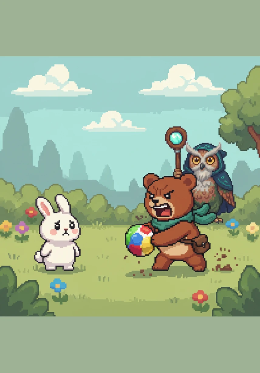 كان نونو يلعب بكرة ملونة في الحديقة الواسعة، فجاء صديقه الأرنب فلوفي ليشاركه اللعب، وبغير قصد، ركل فلوفي الكرة بعيداً جداً. اشتعل وجه نونو باللون الأحمر من الغضب وصرخ بصوت عالٍ في وجه فلوفي، ثم أمسك بالكرة ورماها بقوة على الأرض وغادر المكان وهو يزمجر.