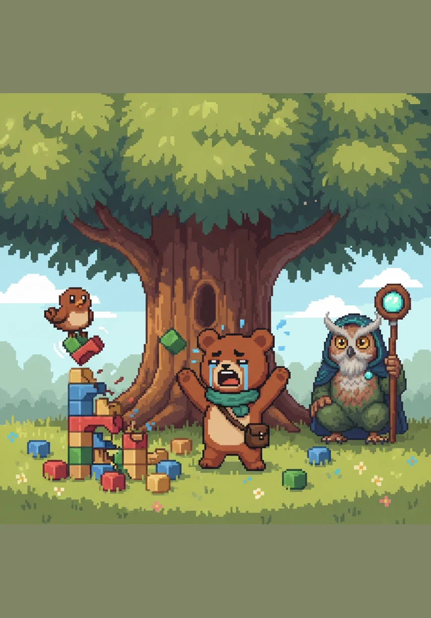 في صباح اليوم التالي، كان نونو يركز في بناء برج شاهق من المكعبات الخشبية الملونة تحت ظل شجرة كبيرة، وفجأة حط العصفور زقزوق على قمة البرج ليسقط أرضاً. لم يتمالك نونو نفسه وصرخ 'لقد أفسدت كل شيء'، وبدأ يحطم المكعبات المتبقية بيديه الصغيرتين ويرميها بعيداً وهو يشعر بإحباط شديد.