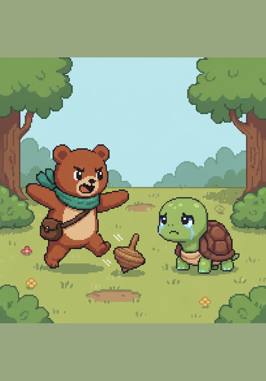 قرر نونو أن يتسابق مع السلحفاة سوسو على الطريق العشبي، لكنه سرعان ما فقد صبره لأن سوسو كانت تتحرك ببطء شديد كعادتها الهادئة. صرخ نونو في وجهها 'أنتِ بطيئة جداً ولا أستطيع الانتظار'، ثم ركل اللعبة التي كانت معه وترك صديقته حزينة ومضى في طريقه وحيداً.