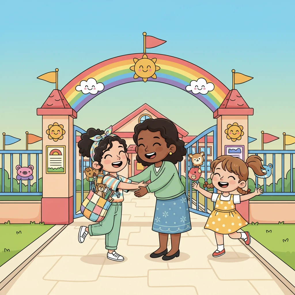 Kiki melangkah riang menuju gerbang sekolah PAUD-nya yang penuh warna. Teman-teman Kiki, Budi dan Sasa, sudah menunggunya dengan tawa ceria. Ibu Guru Dewi menyambut mereka dengan pelukan hangat.