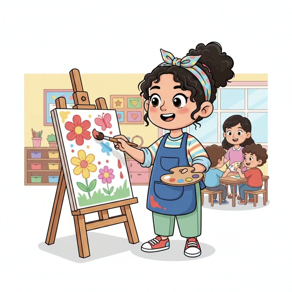 Di dalam kelas, Ibu Guru Dewi mengajak mereka melukis. Kiki memilih warna-warna cerah seperti merah, kuning, dan biru. Kuas menari di atas kertas, menciptakan gambar bunga dan kupu-kupu yang indah.