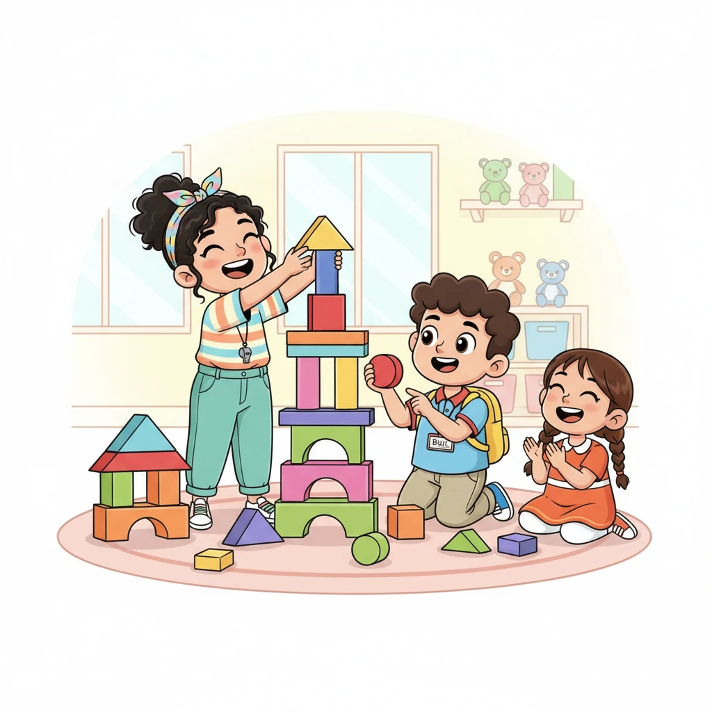 Selanjutnya, mereka bermain balok-balok bangunan. Kiki dan teman-teman menyusun menara tinggi dan rumah-rumahan. Mereka belajar tentang bentuk kotak, segitiga, dan lingkaran sambil tertawa gembira.