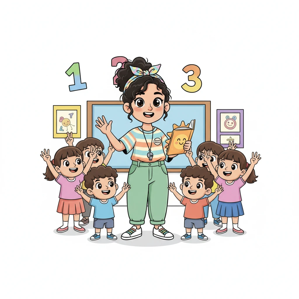 Ibu Guru Dewi mulai menyanyikan lagu berhitung yang riang. Semua anak ikut bernyanyi sambil mengangkat jari-jari mereka. Satu, dua, tiga, semua belajar angka dengan cara yang menyenangkan.