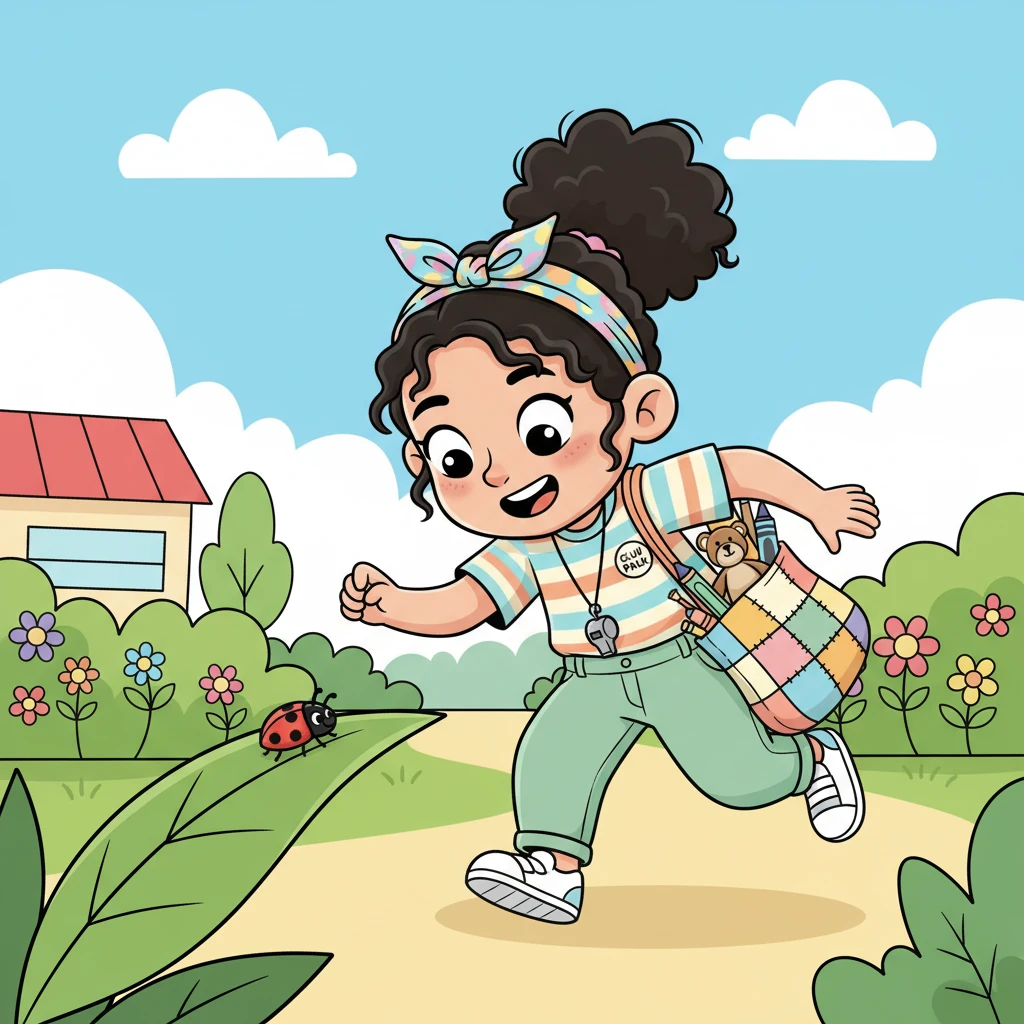 Waktu bermain di luar tiba, dan Kiki berlari ke taman sekolah. Ia menemukan seekor kepik merah di daun hijau. Kiki belajar tentang alam dan makhluk kecil yang menakjubkan.