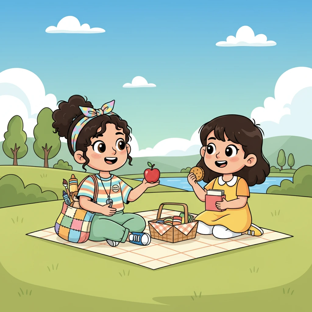 Setelah bermain, saatnya makan bekal bersama. Kiki berbagi biskuitnya dengan Sasa, dan Budi menawarkan buah apelnya. Mereka menikmati makanan sambil bercerita tentang petualangan mereka.