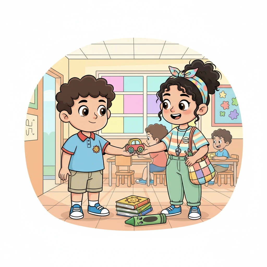 Seorang anak baru bernama Dino bergabung dengan kelas. Kiki dengan ramah mengajaknya bermain. Mereka berdua segera menjadi teman baik, berbagi mainan dan senyum.