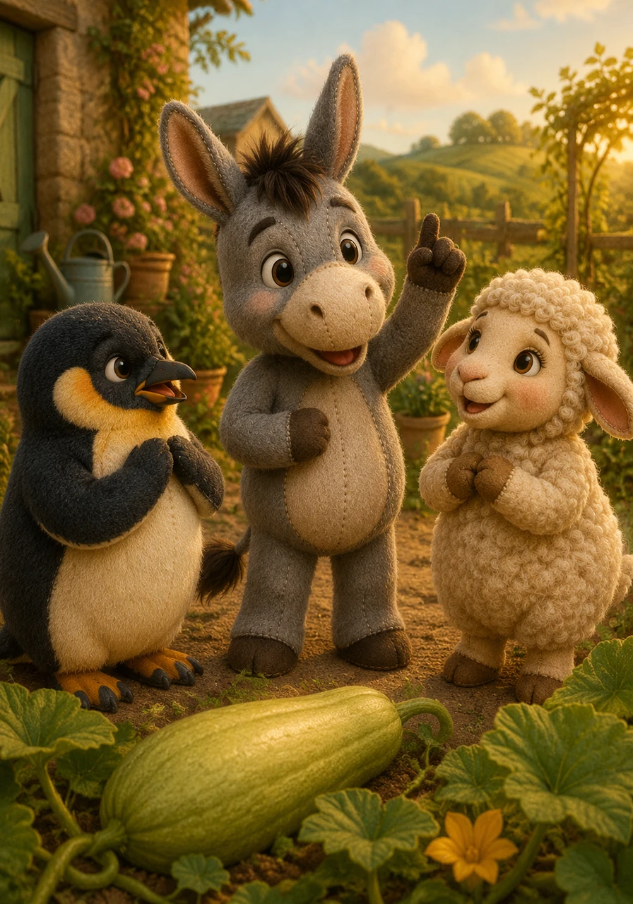 Excitement filled the air as everyone talked about the upcoming fruit and vegetable exhibition. Muffin the donkey proudly declared to his friends that he would grow and enter a magnificent marrow into the competition.