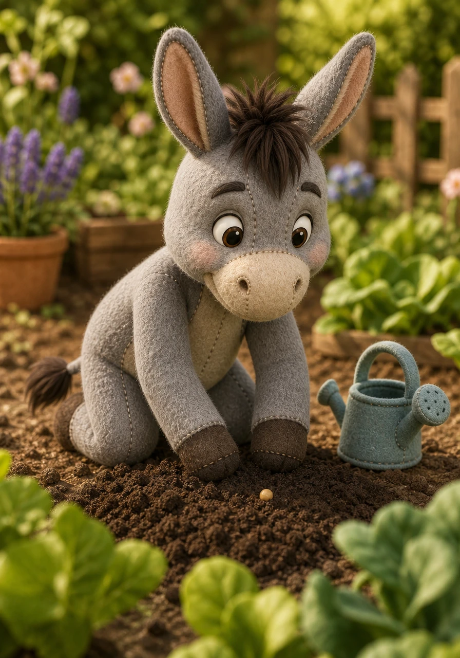 Muffin carefully planted a tiny marrow seed in the rich soil, watered it gently, and patted the earth down firmly. He knew he had to protect his little patch, keeping a watchful eye out for any pesky weeds.