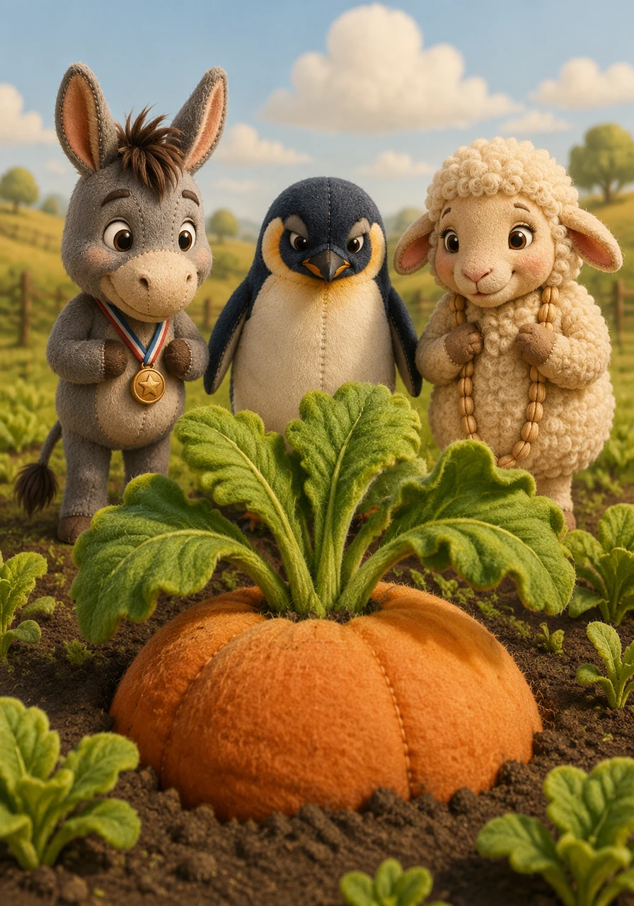 With the big exhibition day just around the corner, Muffin invited all his friends to the garden to admire his hard work. Leaning close to the giant green vegetable, he suddenly whispered for everyone to be quiet and listen closely.