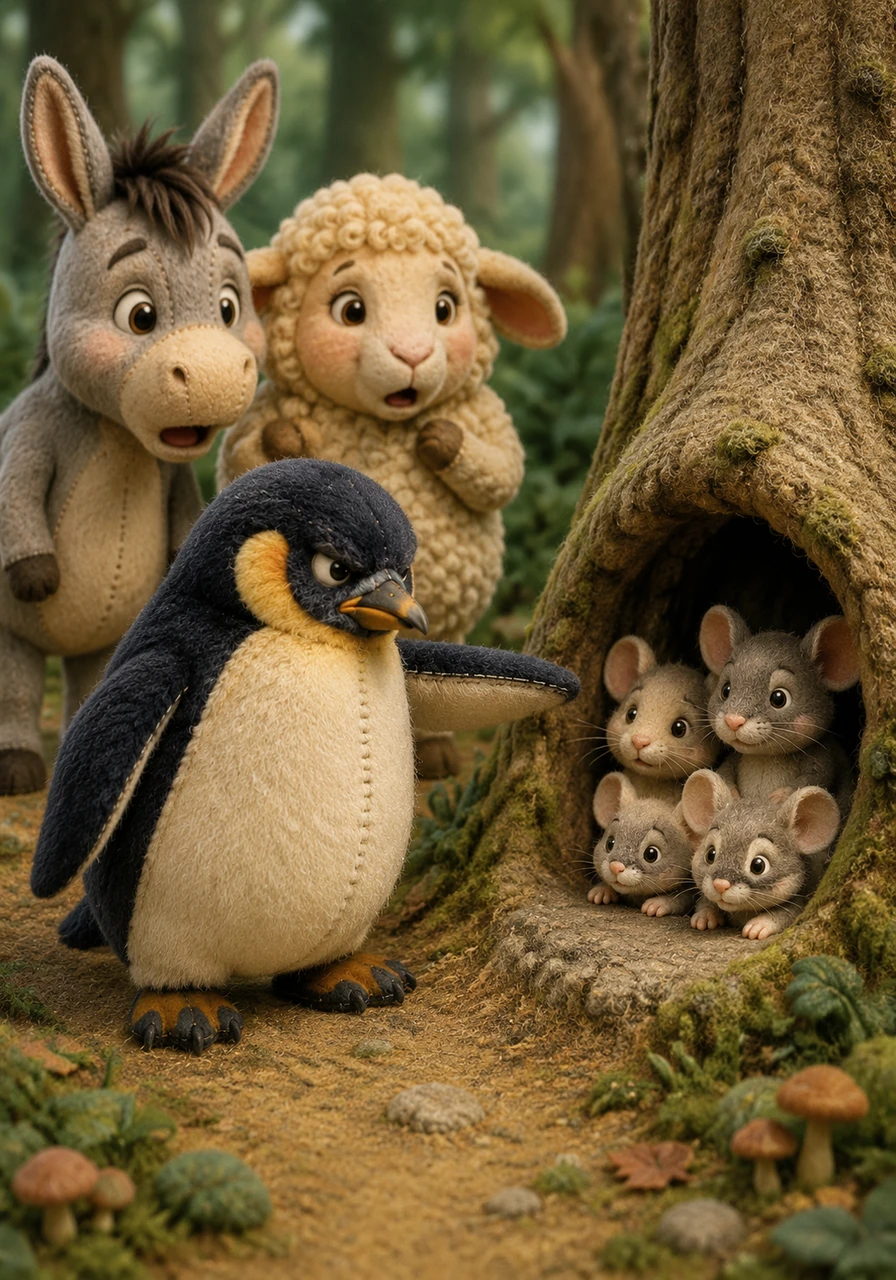 Peregrine the penguin stepped forward and crossly ordered whoever was inside to come out at once. To everyone's astonishment, a whole family of tiny mice peeked out from the cozy hollow.