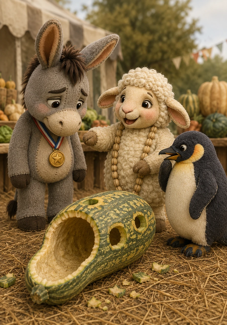 Muffin was heartbroken, whispering that his beautiful marrow was completely ruined and could never be shown to the judges. But Louise the sheep bleated excitedly, suggesting they enter it into the Special Use for Ordinary Vegetables category as a mouse house.