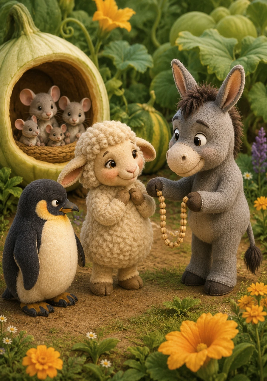 After the grand exhibition, Muffin kindly placed the marrow back in the garden so the mouse family could live there comfortably for the rest of the summer. He then surprised Louise with a beautiful, long necklace made from the marrow seeds to thank her for her brilliant idea.