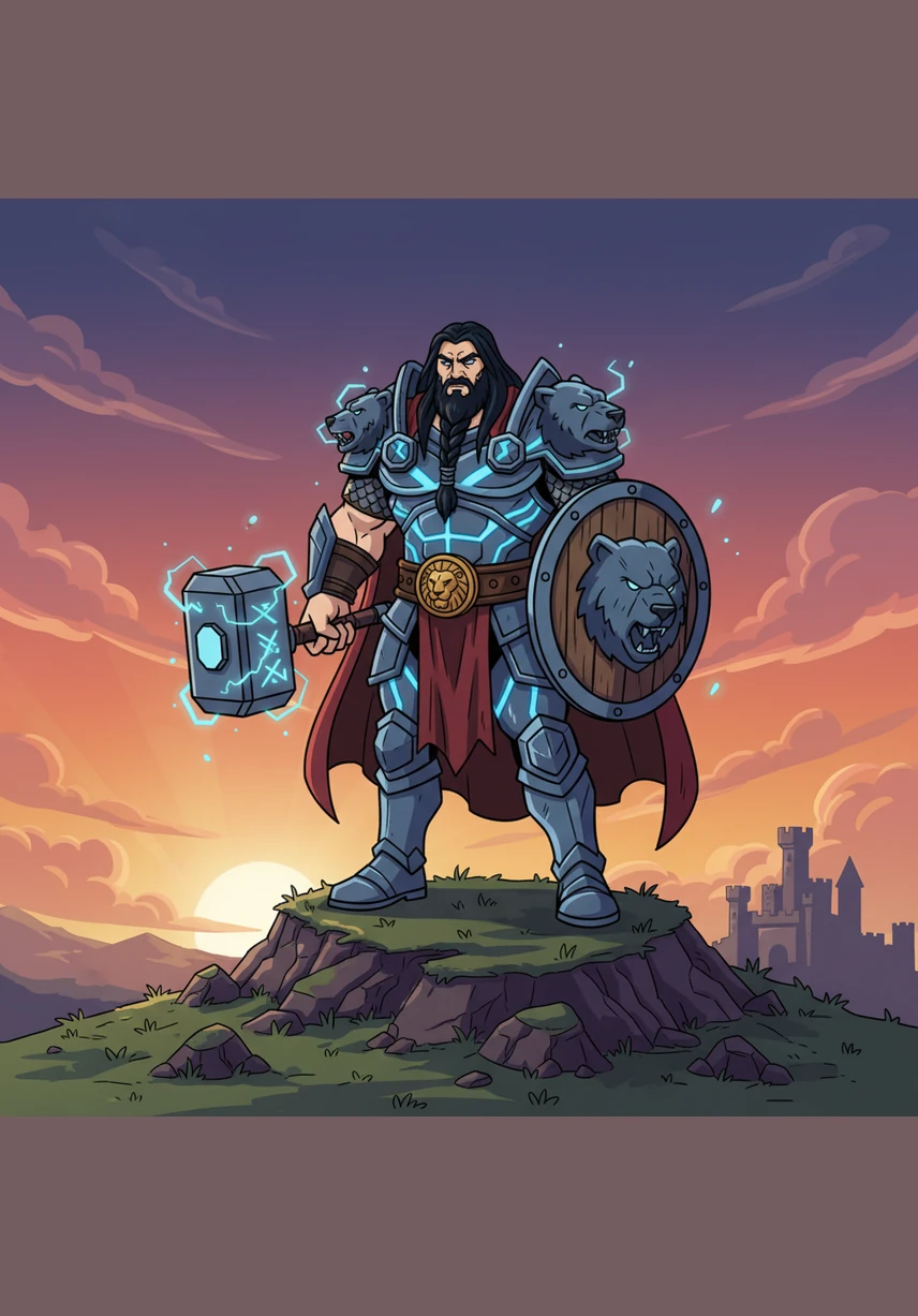 Виктор стоит на вершине высокого холма, его длинные волосы развеваются на сильном ветру, а тяжелый красный плащ ниспадает до самой земли. В его руках крепко зажаты два острых стальных серпа, которые ярко блестят, отражая первые лучи восходящего солнца. Весь его облик излучает непоколебимую уверенность и готовность к великим делам.