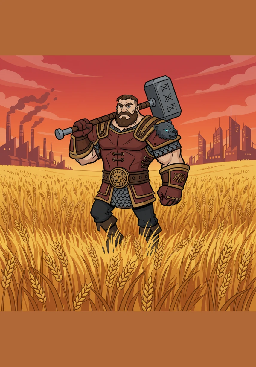 Герой уверенно шагает сквозь бескрайние золотые поля пшеницы, которые колышутся, словно живое море под алым небом. Каждый его шаг наполнен решимостью изменить мир и принести процветание своему народу. На горизонте начинают проступать контуры огромных заводов и строящихся городов будущего.