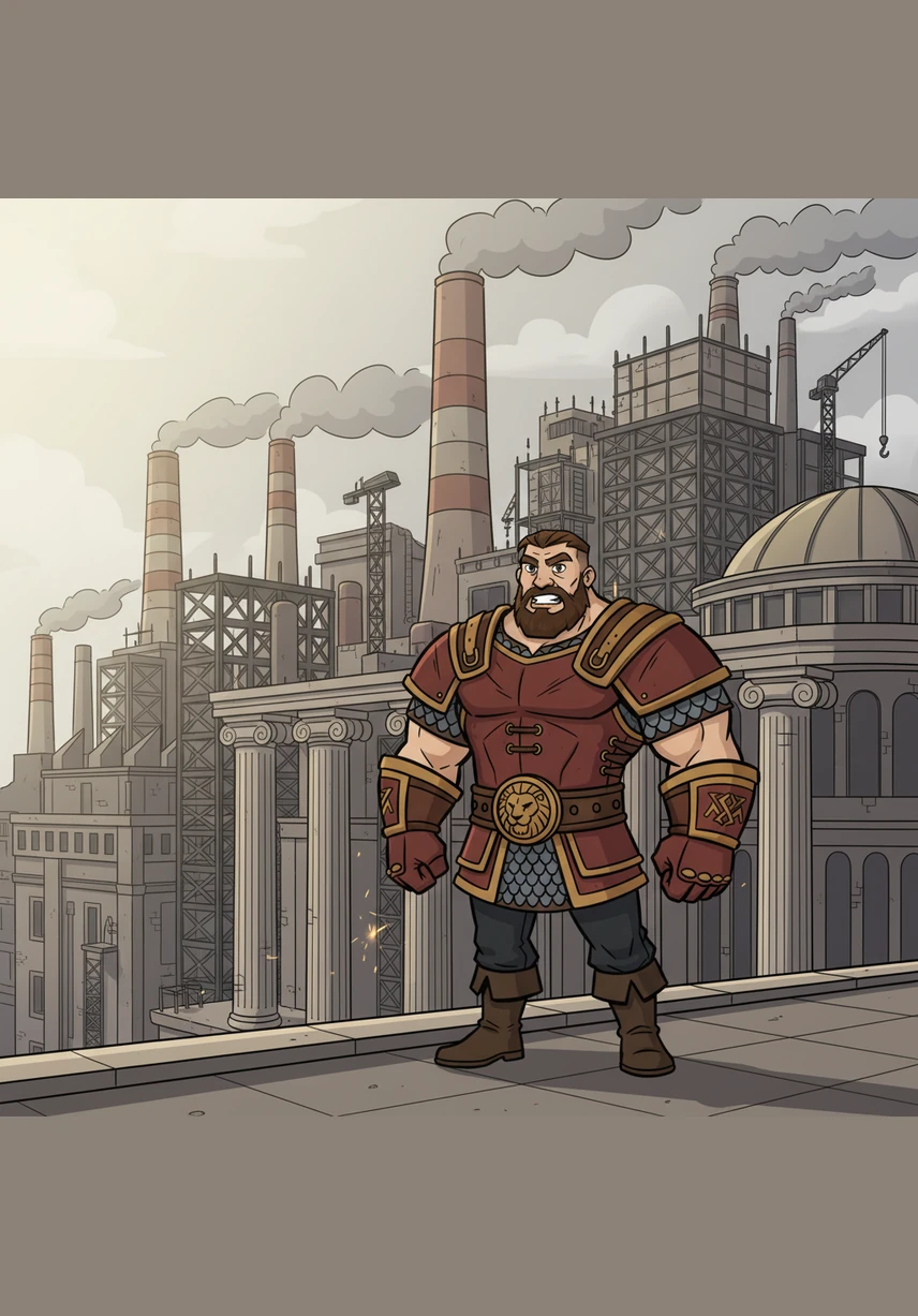 Перед Виктором открывается вид на великую стройку века, где стальные балки переплетаются с классическими колоннами в едином архитектурном порыве. Он смотрит на дымящие трубы индустриальных гигантов, которые символизируют мощь и энергию новой эпохи. В воздухе чувствуется ритм созидания и бесконечного движения вперед.