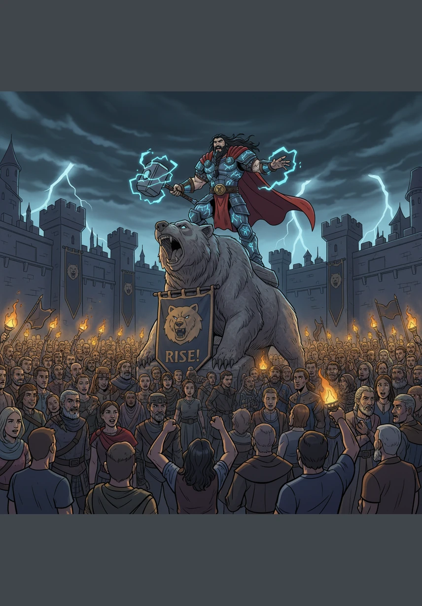 Он обращается к многотысячной толпе, стоя на высоком гранитном постаменте, и его голос звучит громче любого раската грома. Люди внизу поднимают свои инструменты к небу, объединяясь в едином порыве и верности общему делу. В этот момент рождается истинное единство, способное свернуть горы.