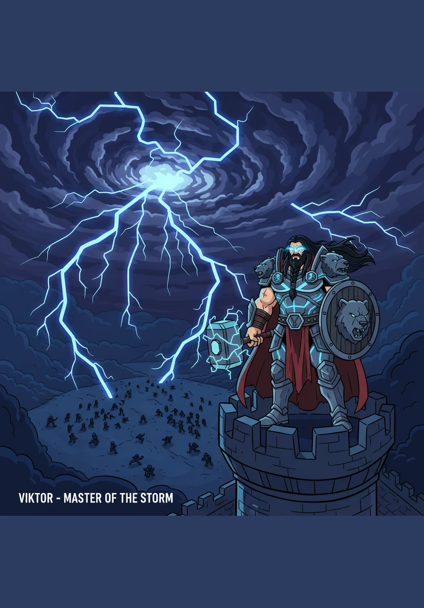 Ночное небо над головой героя внезапно наполняется гигантскими золотыми шестернями и созвездиями, вращающимися в ритме великого прогресса. Виктор направляет это небесное движение своими серпами, словно дирижер огромного механического оркестра Вселенной. Звезды и механизмы сливаются в едином танце гармонии.