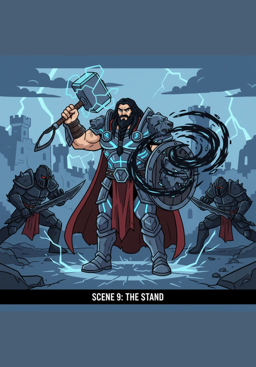 Композиция кадра становится строгой и графичной, приобретая черты классического агитационного плаката с четкими линиями и контрастными цветами. Фигура Виктора в центре кадра символизирует нерушимую связь между героическим прошлым и светлым будущим. Его силуэт становится воплощением самой идеи прогресса.