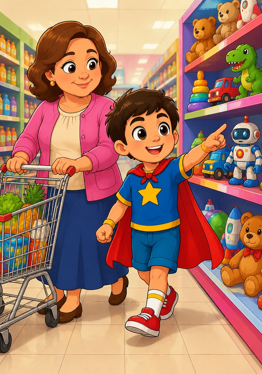Nour was at the supermarket with his mom, feeling excited as he looked at all the colorful aisles. The store was bright and filled with interesting things, but the toy section was his favorite place to be.