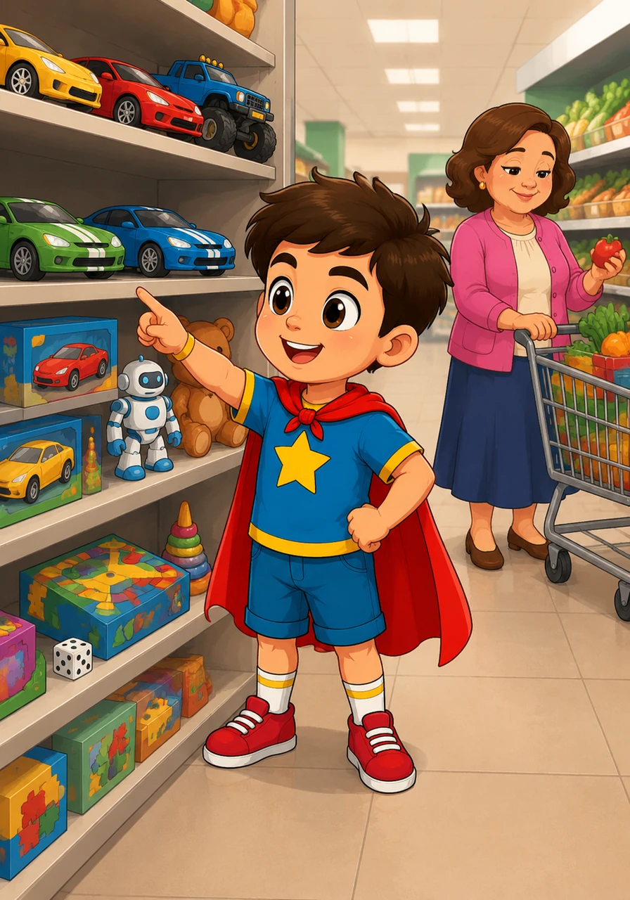 He stood happily in front of a shelf filled with bright toys, admiring the cars and games. His mom was nearby, busy picking out groceries in the quiet and calm atmosphere of the store.