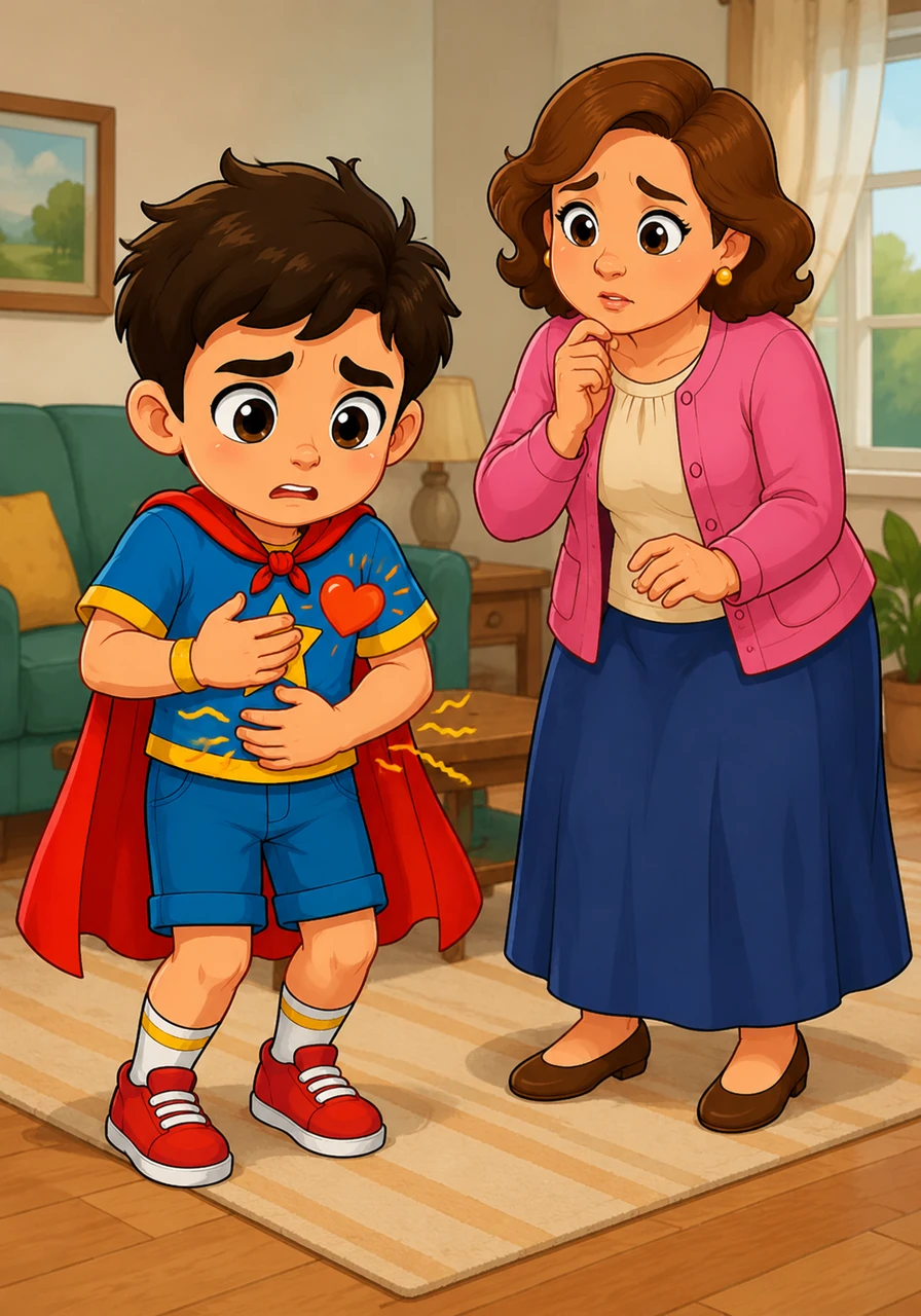 Nour's heart started to beat a little faster, and he felt a strange flutter in his stomach. He realized that something didn't feel right, and his face showed his growing worry as he realized he needed to do something.