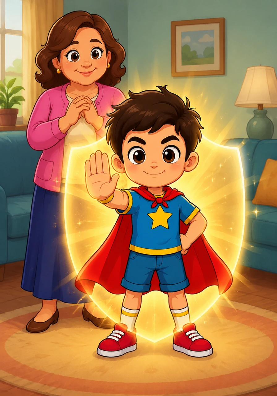 In that moment, Nour remembered an important rule he had learned: 'My body belongs to me!' This thought gave him a sudden burst of confidence, and he felt a glow of inner strength surrounding him like a shield.