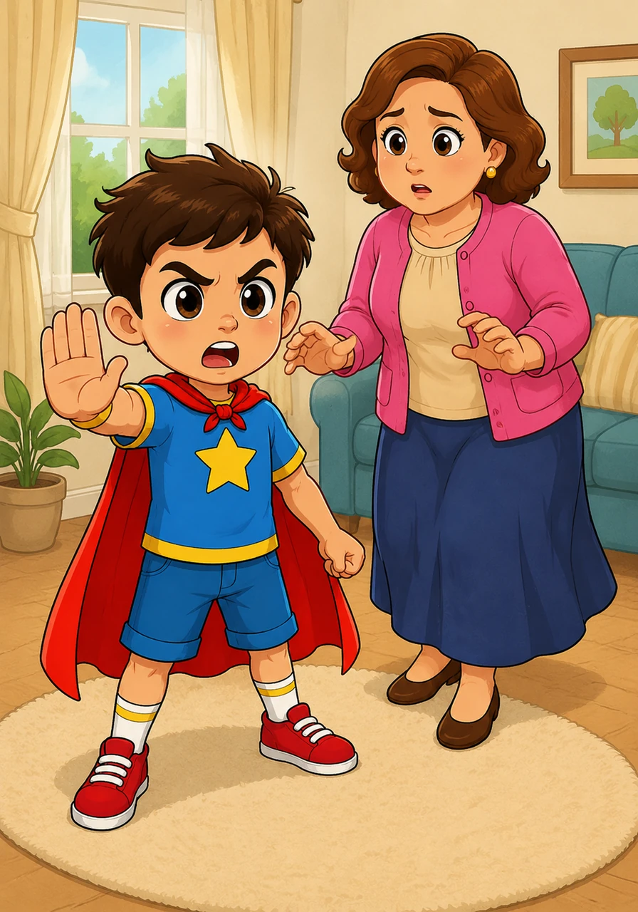 He stood tall, held up his hand in a firm stop gesture, and said loudly and clearly, 'No! Don't come closer! I'm not comfortable!' His face was brave and determined as he set his boundary.