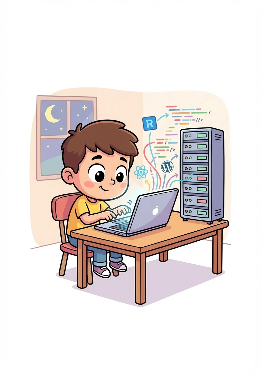 Il configure soigneusement le frontend React, en s'assurant qu'il communique parfaitement avec le backend WordPress. Des lignes de code défilent sur son écran.