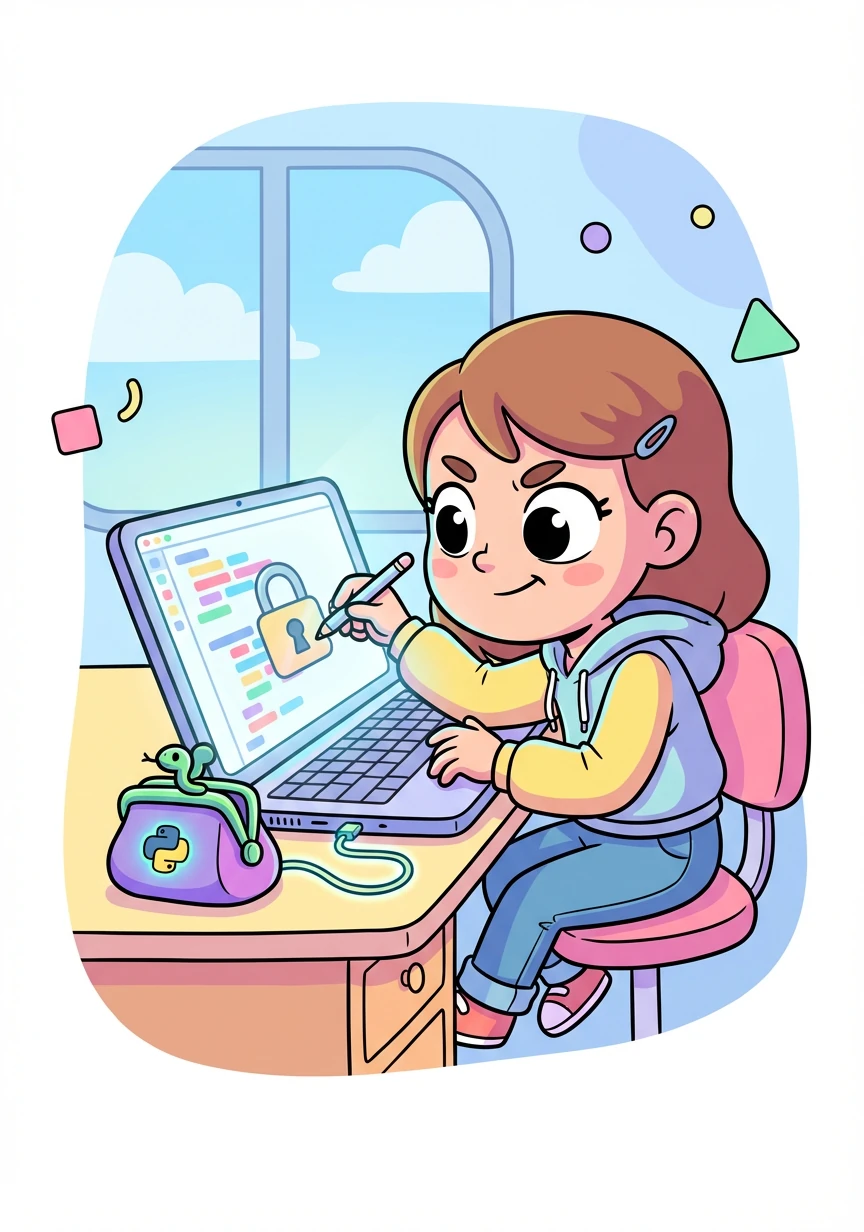 Penny tackles the challenge of the login system using Python. She carefully writes code to ensure her Python Purse is secure and only she can access it.