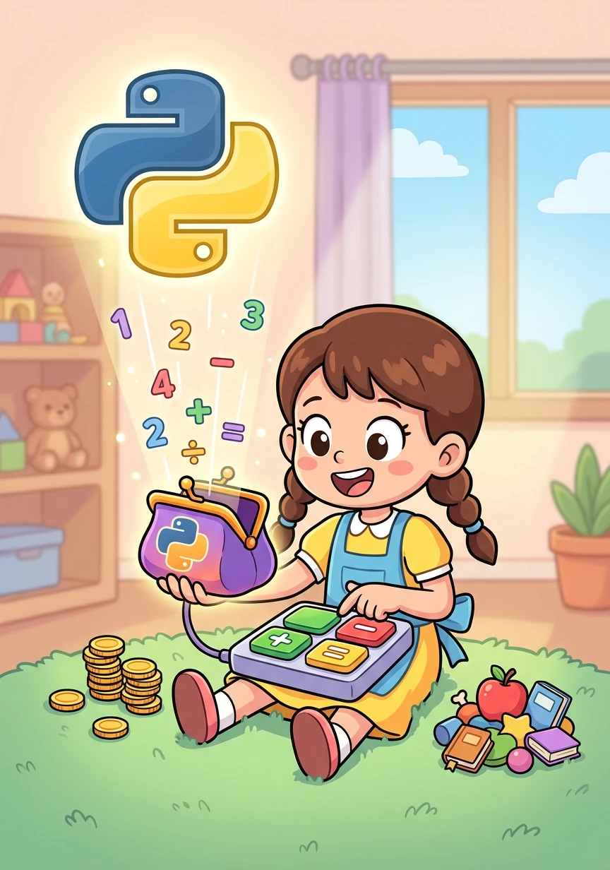 Penny learns how to perform calculations with Python, enabling her Python Purse to automatically add up her income and subtract her expenses.