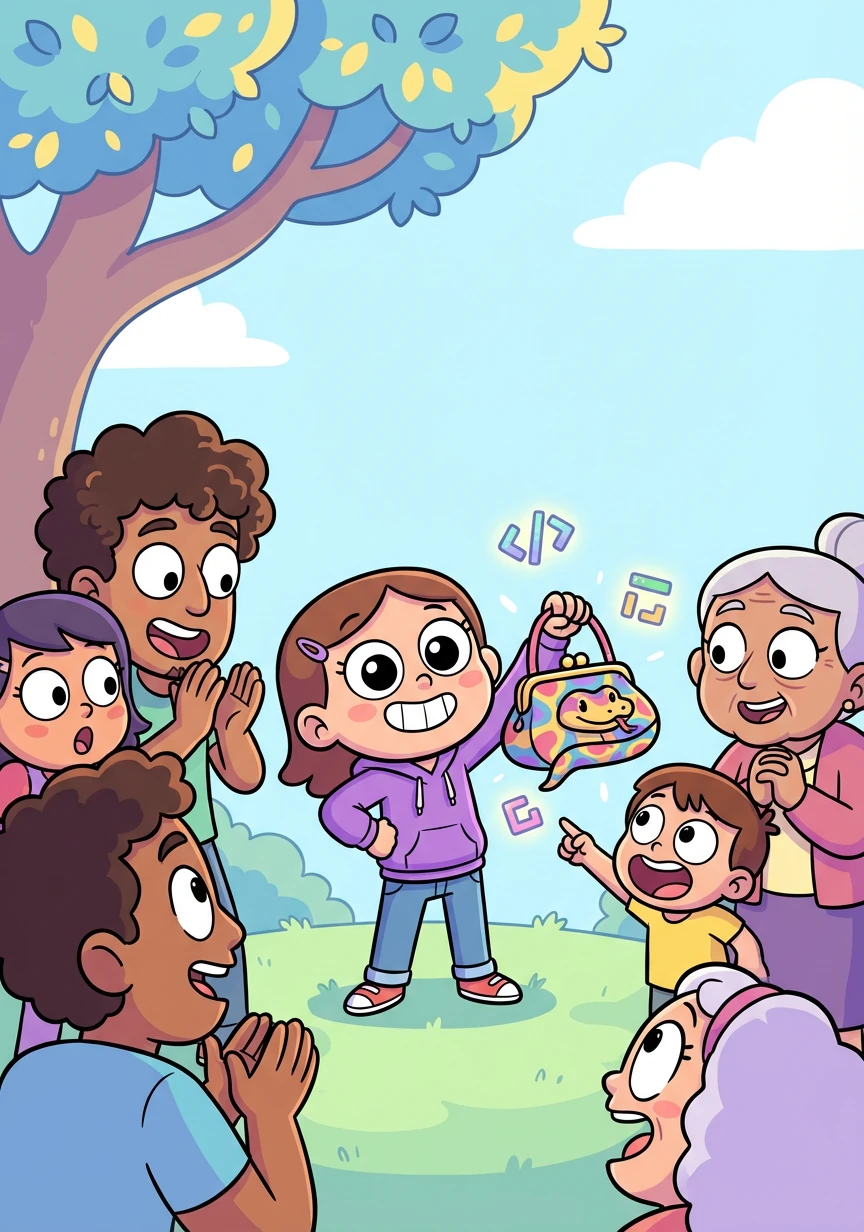 Penny proudly shows her Python Purse to her family and friends, who are amazed by her coding skills and the functionality of her creation.