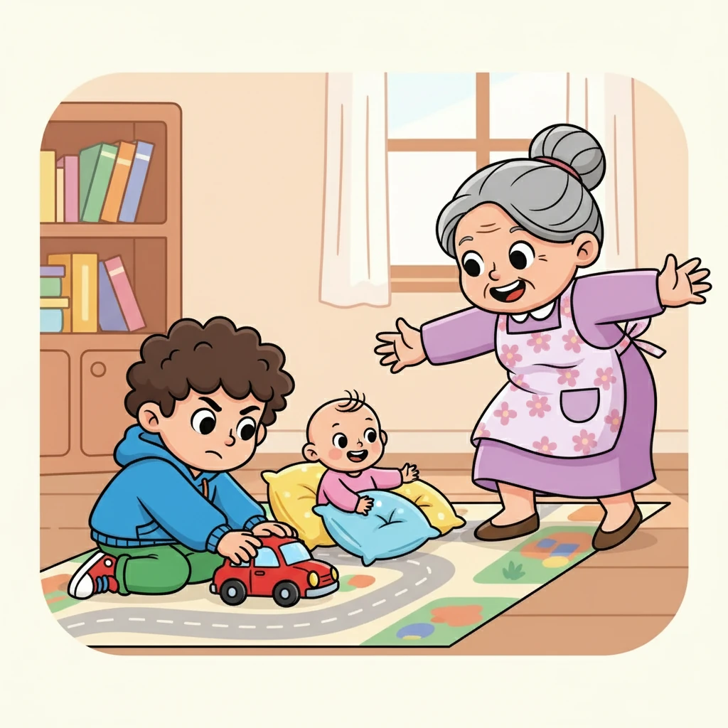 Боян, малко момченце, седеше на пода и си играеше с колички. Елена, неговата малка сестричка, се опитваше да седи, подкрепяна от възглавнички. Баба Светла, с широка усмивка, се приближи към тях.