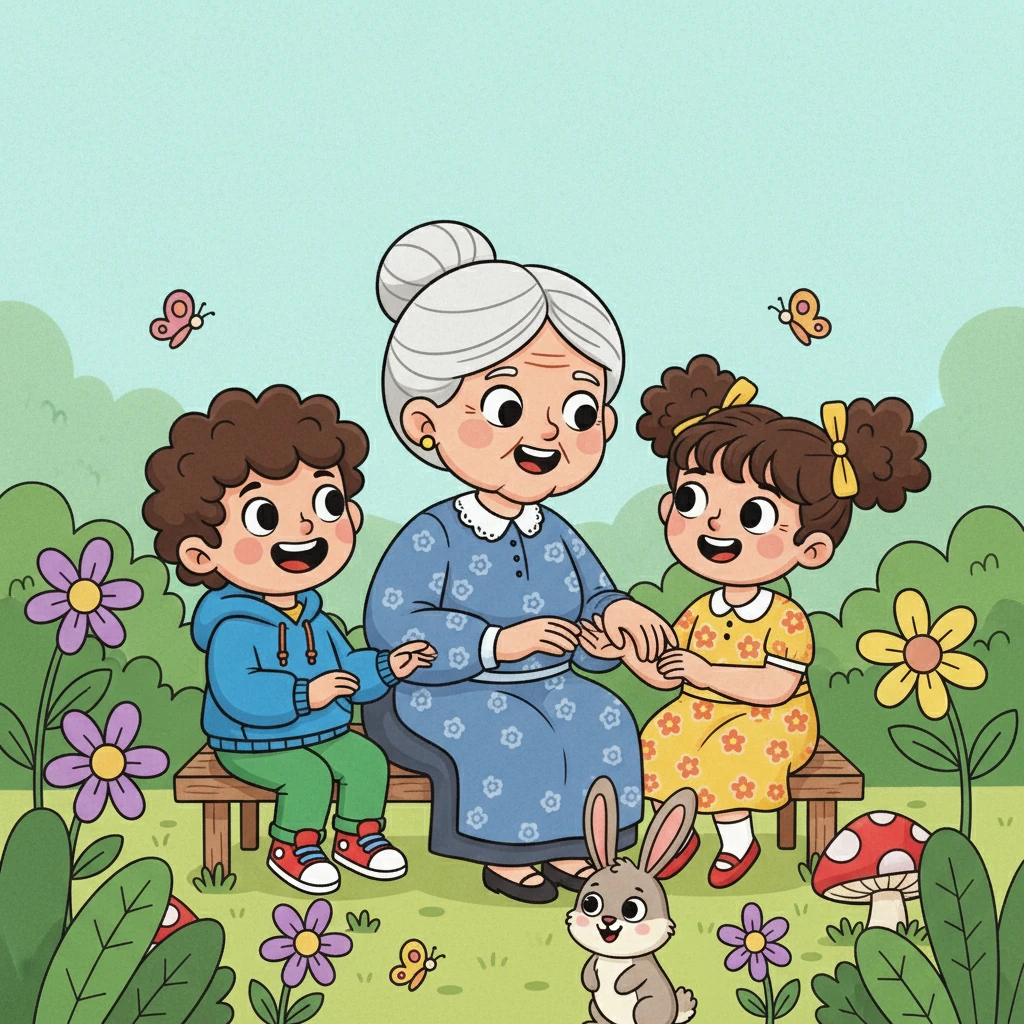 Баба Светла седна до децата и каза: "Хайде сега да си припомним една хубава песничка за зайче!" Тя започна да пее, а Боян и Елена я слушаха с широко отворени очи.