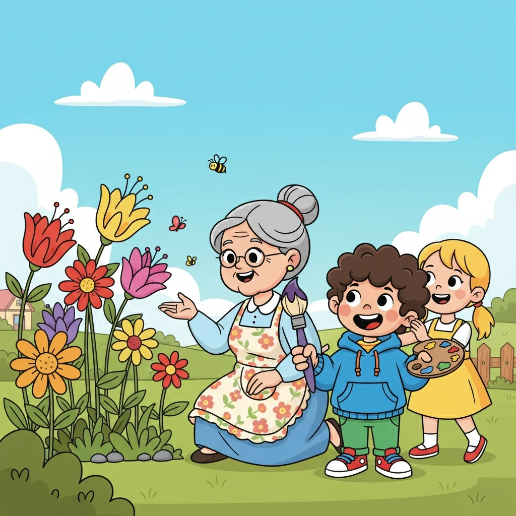 Един слънчев ден, тримата излязоха в градината. Баба Светла показа на децата цветята и им научи стихотворение за тях. Боян и Елена се възхищаваха на пъстрите цветове.