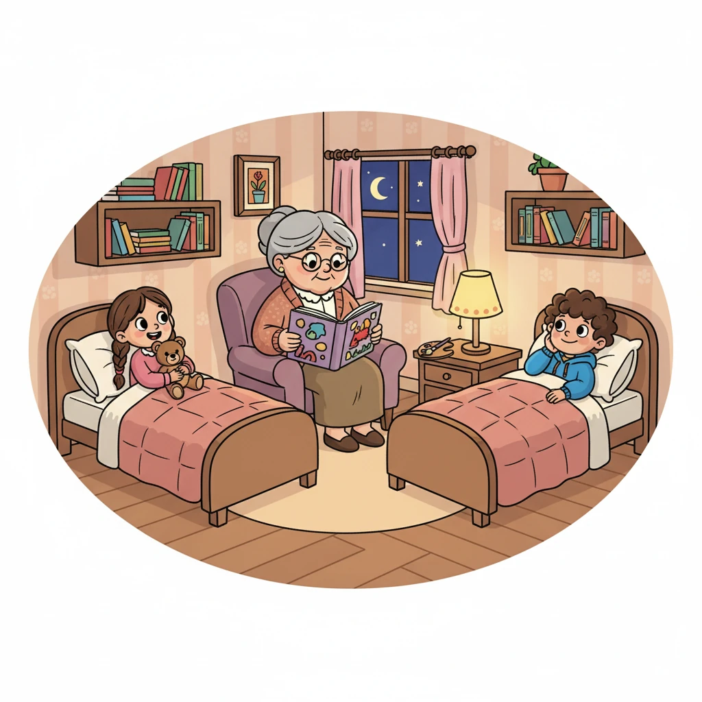 Вечерта, преди лягане, баба Светла четеше приказки на децата. Тя им четеше стихотворения, а те слушаха внимателно, гушнати в леглата си. Стаята беше топла и уютна.