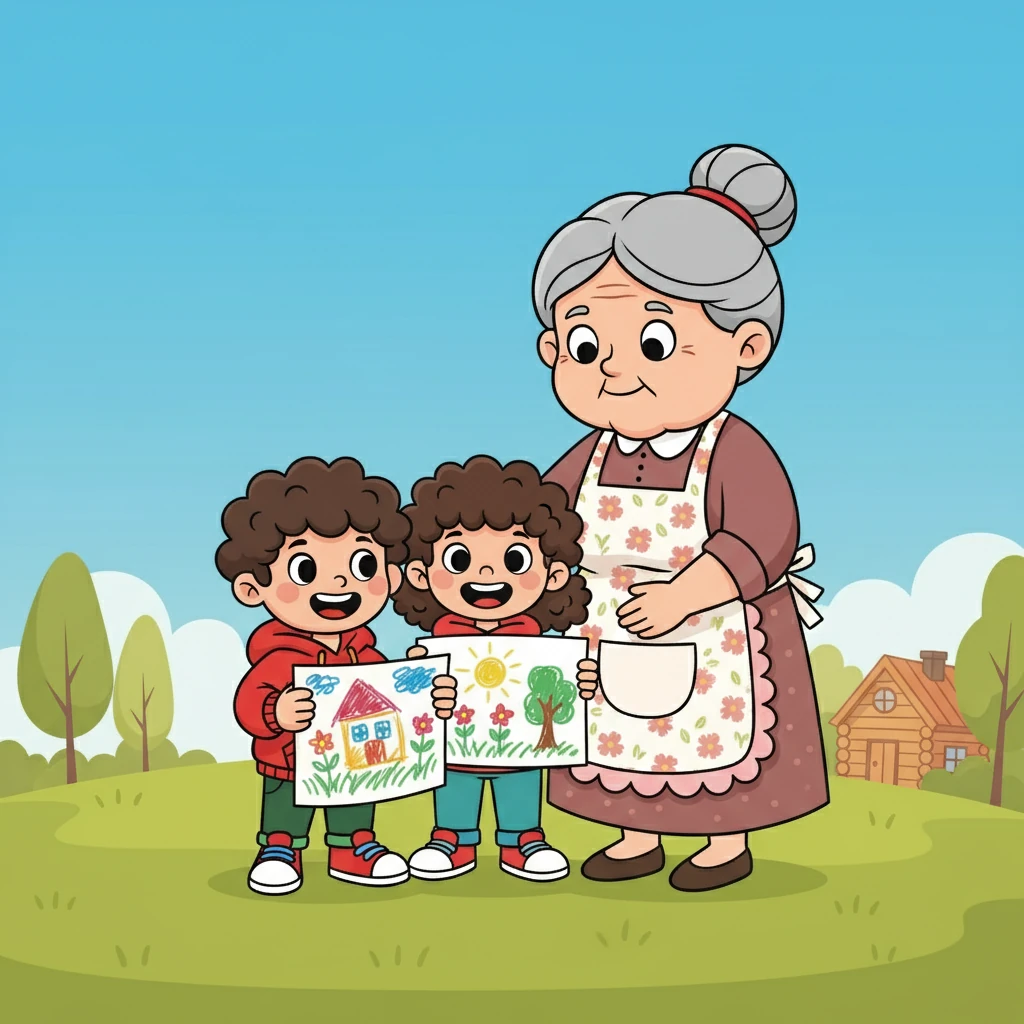 Един ден, Боян и Елена нарисуваха рисунки за баба Светла. Те й подариха рисунките с големи усмивки. Баба Светла ги прегърна и им каза колко много ги обича.