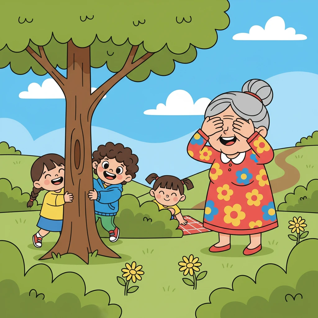 В парка, баба Светла играеше с децата на криеница. Те се смееха и тичаха, докато баба Светла ги търсеше. Това беше изпълнено с много смях и радост.