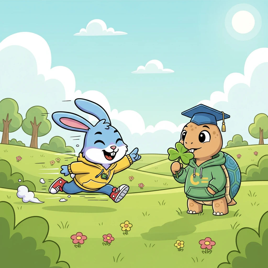 Dash the Rabbit, a blur of white fur, zipped across Sunny Meadow, boasting about his lightning speed. Cal the Tortoise, with his sturdy shell and calm demeanor, slowly munched on a clover, watching Dash's antics with a gentle smile. Dash challenged everyone to a race, convinced no one could ever beat him.