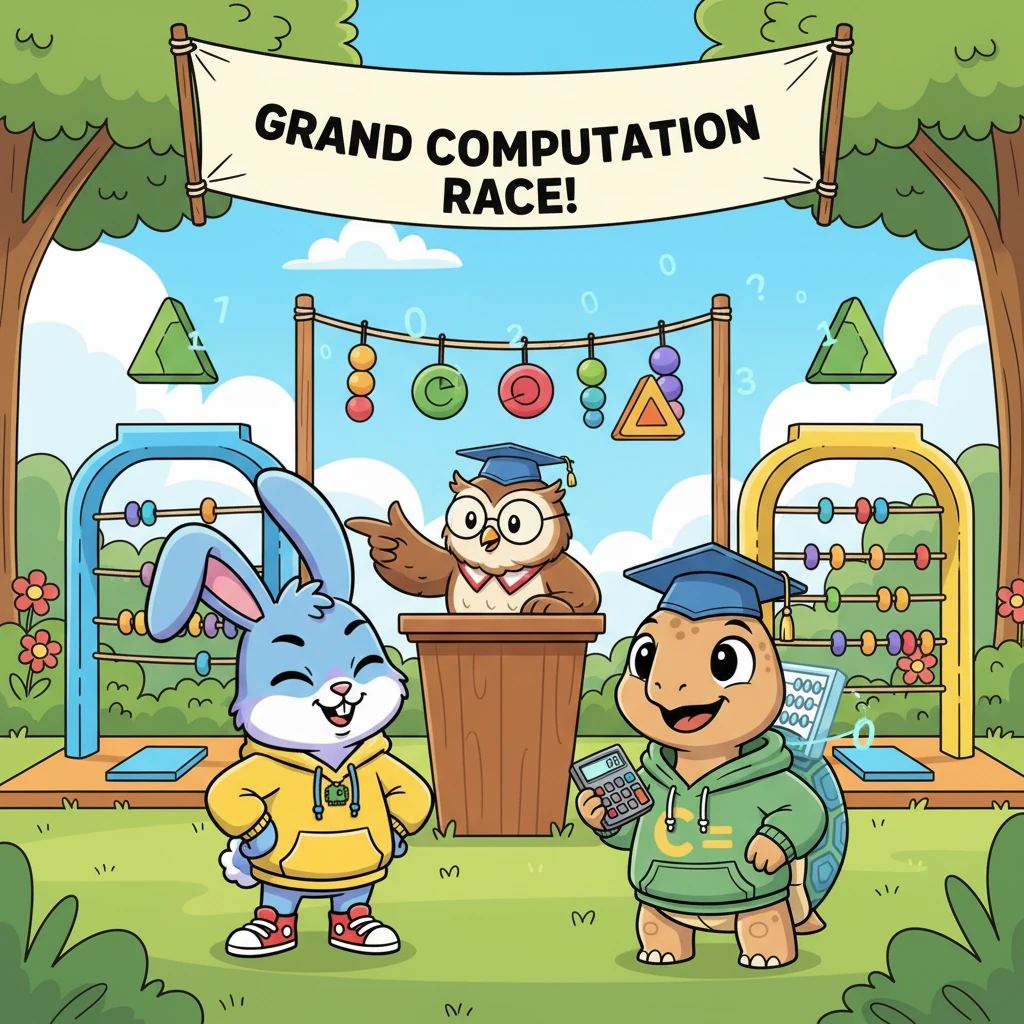 One sunny morning, Professor Owl announced a brand-new contest: the "Grand Computation Race"! This wasn't just about running; contestants had to solve tricky number puzzles and logic problems to advance. Dash scoffed, thinking his speed would still win, while Cal's eyes twinkled with quiet interest.