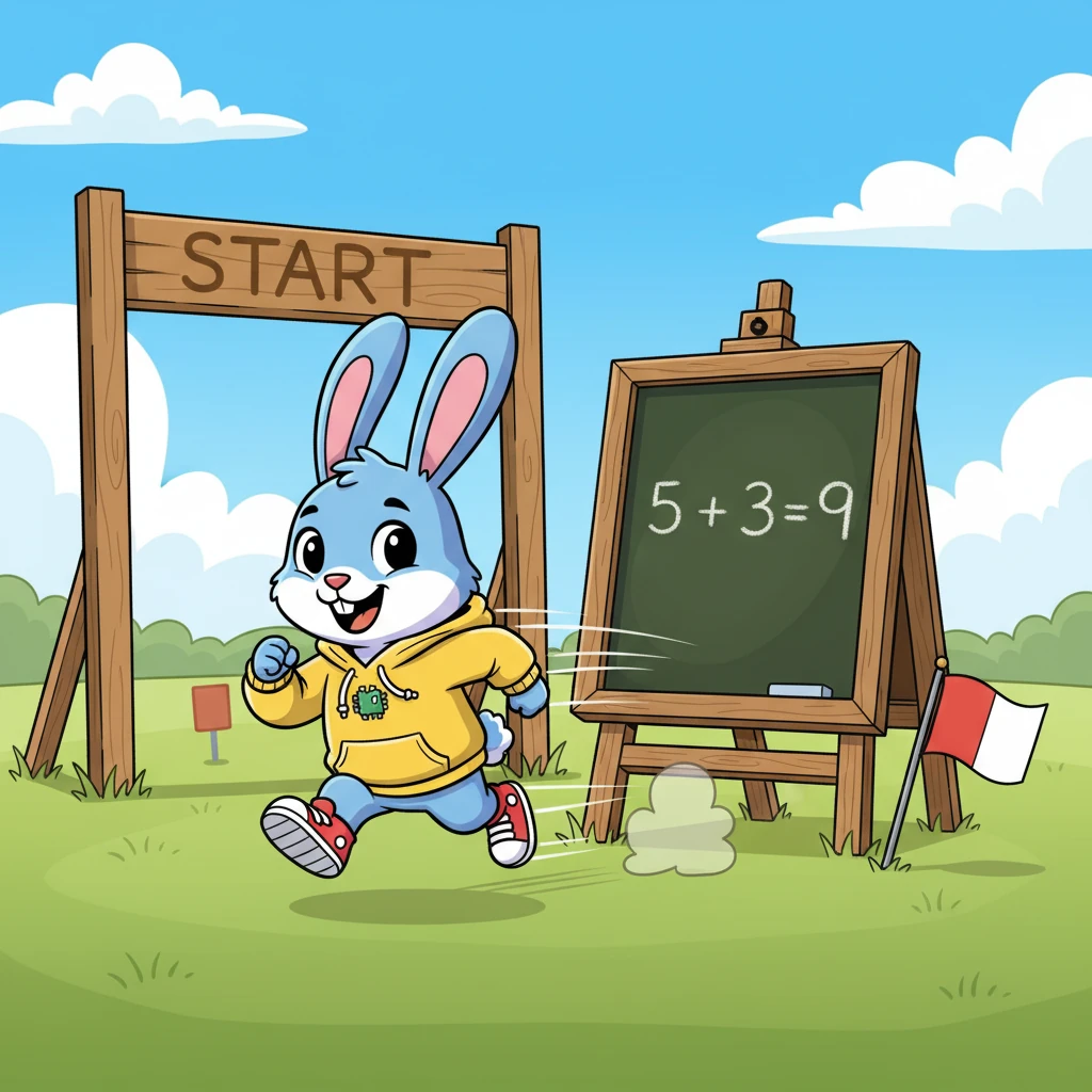 At the starting line, the first challenge appeared: a simple addition problem. Dash, eager to lead, scribbled an answer almost instantly, but his haste led to a small mistake. He zoomed off to the next station, unaware he'd taken a penalty.