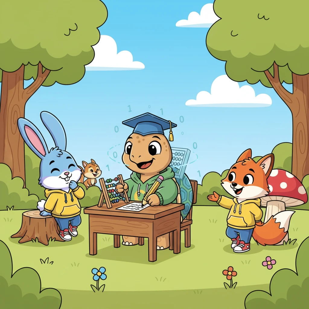 Cal, however, carefully read the problem, used his little abacus, and double-checked his work before confidently writing down the correct sum. He moved slowly but surely, each step precise. Other animals watched, some amused by his pace.