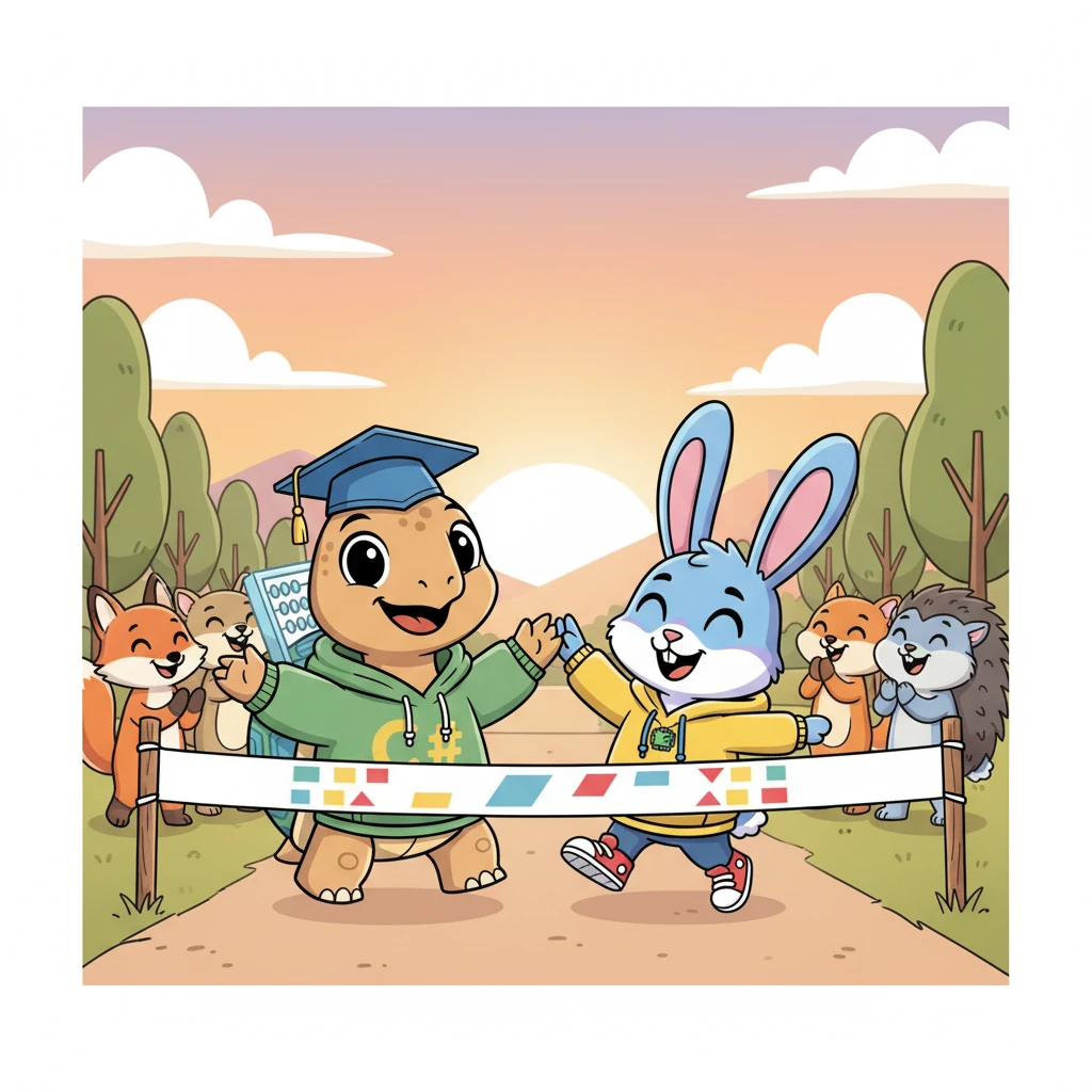 They both reached the finish line together, not as winners of a speed race, but as champions of different kinds of intelligence. Dash learned the value of patience, and Cal showed everyone the power of methodical thought. They celebrated their shared victory, understanding that working together and using their unique strengths was the greatest win of all.
