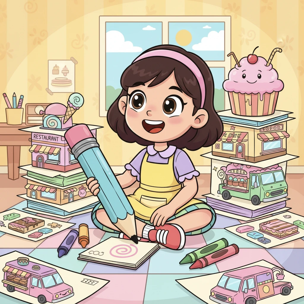 Doodle Dee, a small but mighty designer, sat surrounded by stacks of colorful sketches. Her eyes sparkled with big ideas, dreaming of making the world's most wonderful places to eat. Her favorite tools were bright crayons and a giant, fluffy pencil.